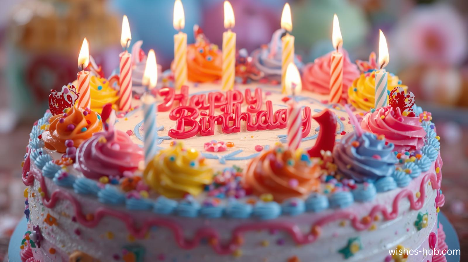 Colorful birthday cake with lit candles and confetti falling around it, vibrant and joyful, photorealistic