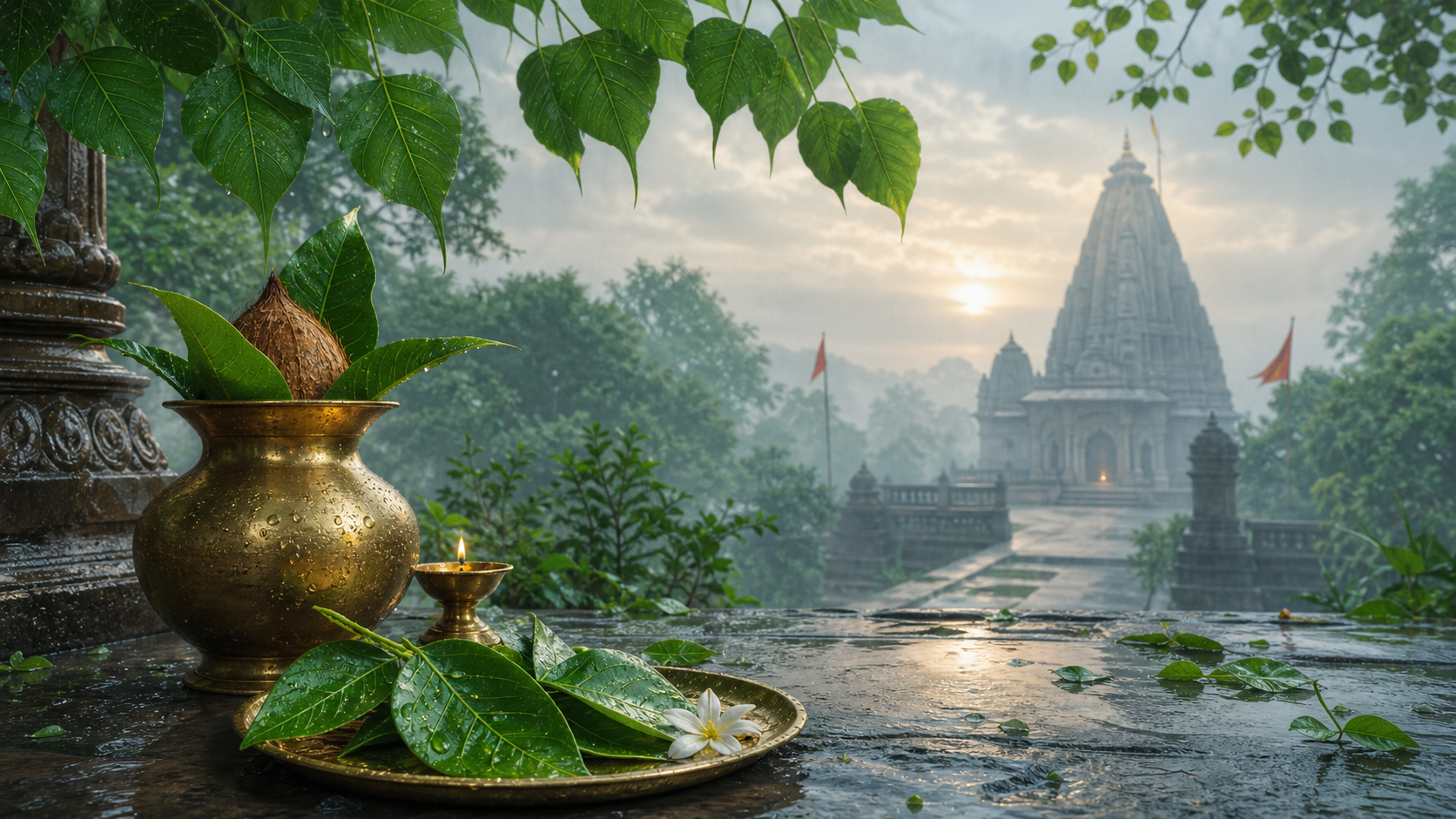 Monsoon temple courtyard for Sawan wishes 2026